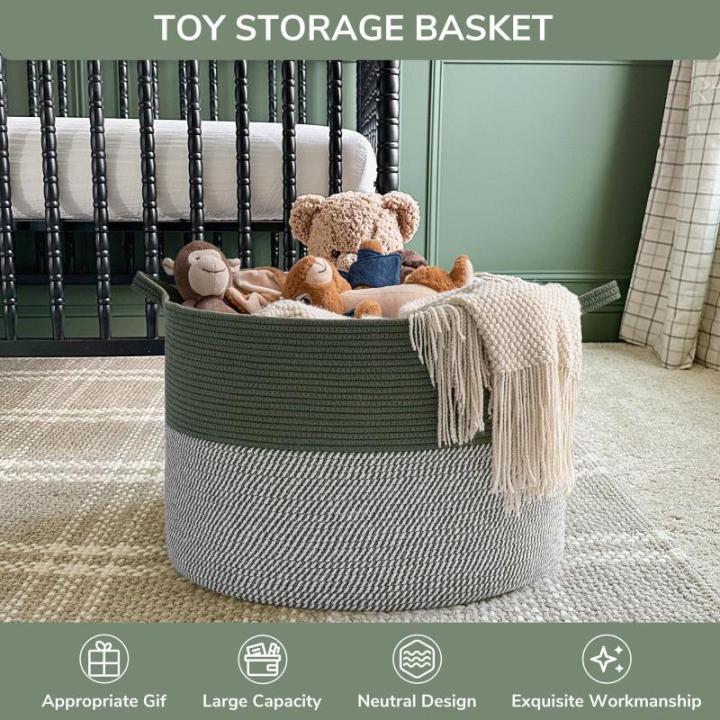 Opbergmand voor kinderkamer, wasmand voor kinderen, grote kerstboommand, mand voor dekens, babyspeelgoed, gevlochten mand, 55 x 35 cm, olijfgroen