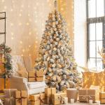 210 cm kerstboom kustlich met verlichting, led witte decoratie met 8 lichtmodi, 350 warmwitte lampen, opvouwbare standaard, sneeuwtakpunten voor feestdecoratie thuis