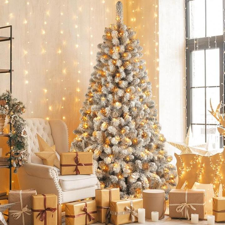 210 cm kerstboom kustlich met verlichting, led witte decoratie met 8 lichtmodi, 350 warmwitte lampen, opvouwbare standaard, sneeuwtakpunten voor feestdecoratie thuis