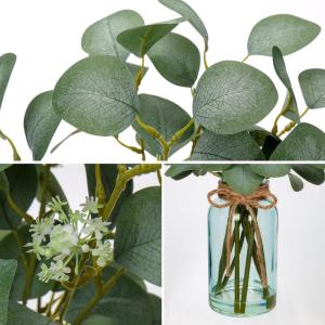 35 cm kunstmatige eucalyptus takken met blauwe glazen vaas, eucalyptus kunststof plant eucalyptus realistische eucalyptus decoratie zilveren dollar voor bruiloft, tafeldecoratie, k