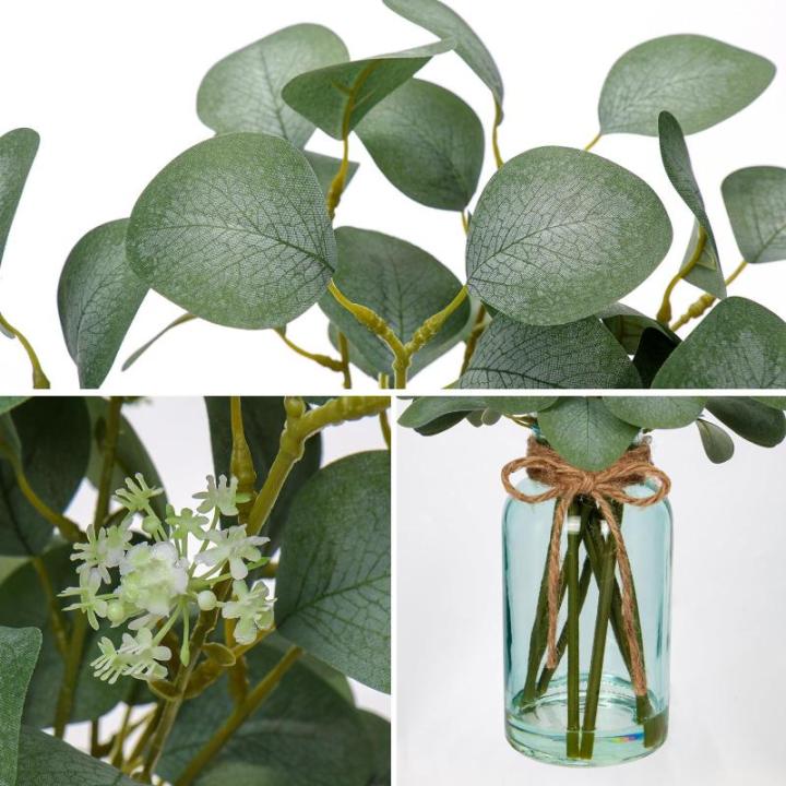 35 cm kunstmatige eucalyptus takken met blauwe glazen vaas, eucalyptus kunststof plant eucalyptus realistische eucalyptus decoratie zilveren dollar voor bruiloft, tafeldecoratie, k