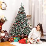 Kunstkerstboom met verlichting en witte sneeuw, led-dennenboom voor kerstdecoratie met echte dennenappels, vuurbestendig, 150 cm