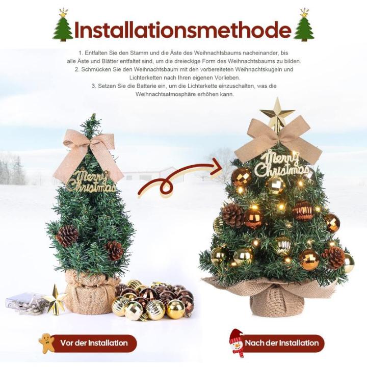 Mini-kerstboom Kleine kerstboom met verlichting, led, tafelkerstboom, klein, kunstzinnig versierd, voor kerstdecoratie, 40 cm, bruin met goud