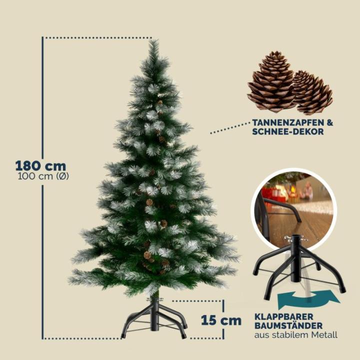 Kerstboom Kunstboom 180cm PVC Sneeuw-Effect Denneappels met standaard Groen-Wit