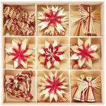 Kerstboomversiering van stro - stro boomdecoratie met rode accenten - 25-delige set - kerstboomhanger van natuurlijk materiaal, 6 cm