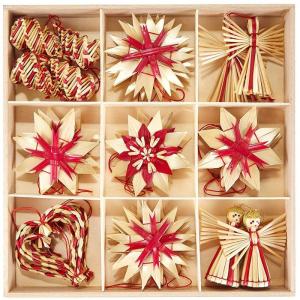Kerstboomversiering van stro - stro boomdecoratie met rode accenten - 25-delige set - kerstboomhanger van natuurlijk materiaal, 6 cm