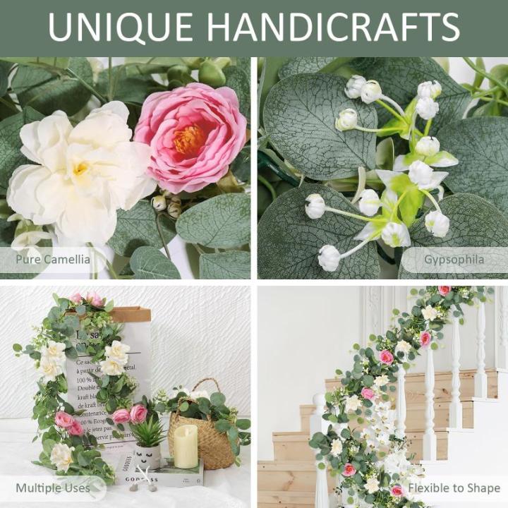 Künstliche Eukalyptus-Blumengirlande mit weiß-rosa Rosen, künstliche Pflanzen, Seide, Blumen, grüne Girlande, Kunstschleierkraut, Efeu-Ranken für Hochzeitsdekoration, Zuhause,