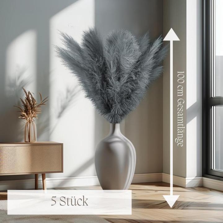 Kunstmatig pampasgras, groot, kleur grijs, 5 stelen, 100 cm lengte, kunstmatig pampasgras woonkamer, droogbloemen voor slaapkamer, bruiloft, boho-decoratie