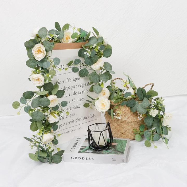 Kunstbloemenkrans, bruiloft, rozenkrank, slingers, 2 stuks, kunstbloemen, eucalyptus, hangende slinger, witte kunstplant voor achtergrond, feestdecoratie (wit, 4 stuks)