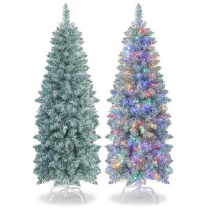 Kunstkerstboom, 150 cm, dennenboom met ledverlichting, slanke kerstboom met veelkleurige lichten, kunstboom met metalen standaard, voor Kerstmis, groen + wit