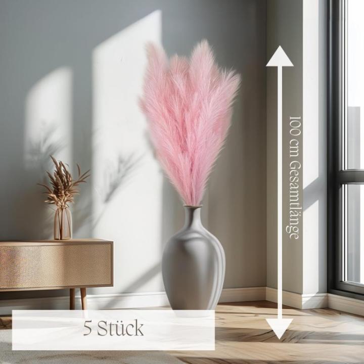 Kunstpampasgras, kleur roze, 5 stelen, 100 cm lengte, kunstpampasgras woonkamer, droogbloemen voor slaapkamer, bruiloft, boho decoratie