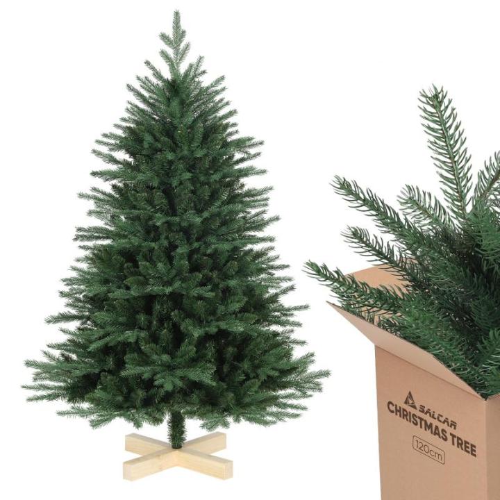 Kunstkerstboom, 120 cm met houten standaard, PE natuurgetrouwe spuitgietelementen en pvc, Nordmann-spar, kunstkerstboom van 1,2 m (Ø 86 cm)