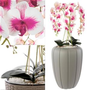 Kunstorchidee cascade boeket crèmerosa in pot, grijs, 112 cm hoog, rubberen bloemen, 5 scheuten, decoratie voor thuiskantoor