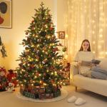 Nordmann-kunstkerstboom met verlichting, led-dennenboom met houten standaard voor kerstdecoratie, van PE en pvc, herbruikbaar, 210 cm