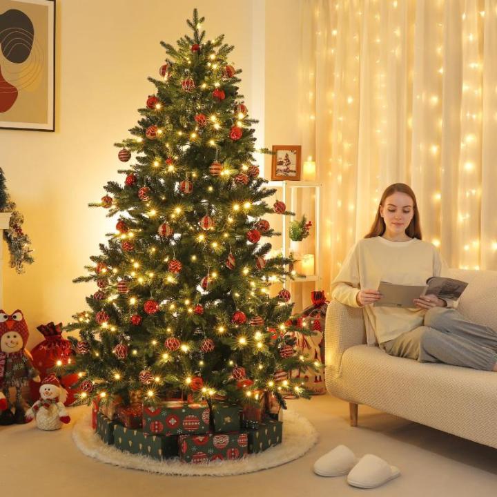 Nordmann-kunstkerstboom met verlichting, led-dennenboom met houten standaard voor kerstdecoratie, van PE en pvc, herbruikbaar, 210 cm
