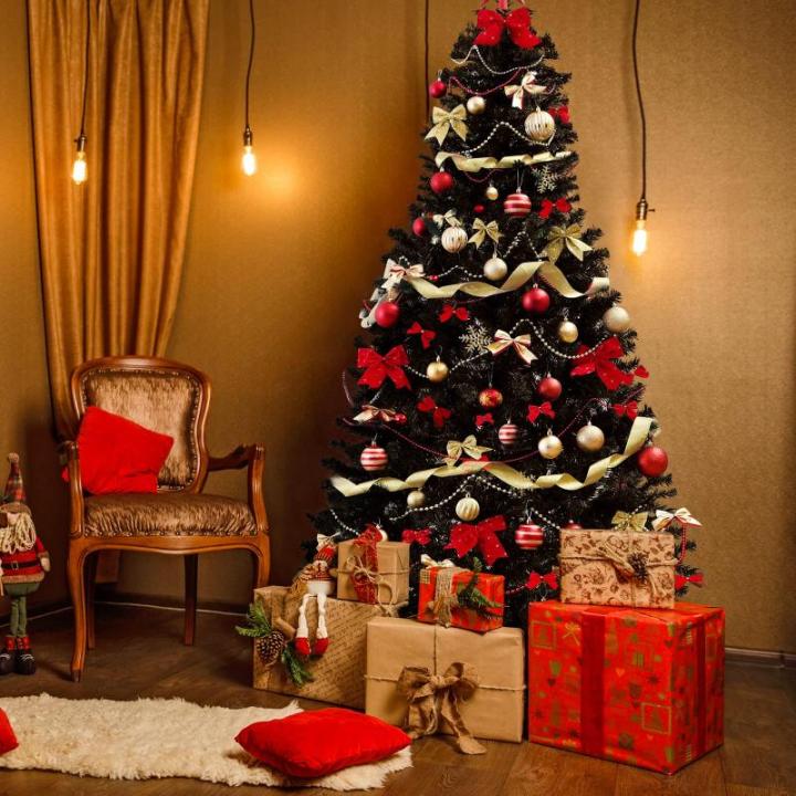 Kunstkerstboom, 180 cm, zwart, kunstdennenboom met handschoenen en metalen standaard, kerstversiering voor binnen