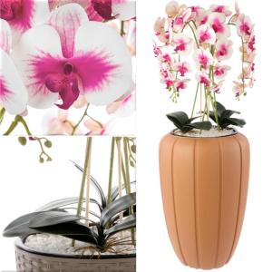 Kunstorchidee cascade boeket crèmerosa in pot, terracotta, 112 cm hoog, rubberen bloemen, 5 scheuten, decoratie voor thuiskantoor