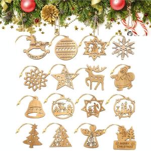 Houten kerstboomversiering, 16 stuks, houten kerstboomdecoratie, hanger decoratie, ornamenten voor kerstboom, kerstboomversiering van hout, 7,5 cm
