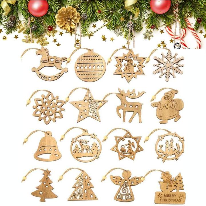 Houten kerstboomversiering, 16 stuks, houten kerstboomdecoratie, hanger decoratie, ornamenten voor kerstboom, kerstboomversiering van hout, 7,5 cm