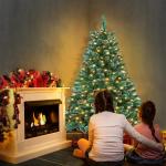 Kunstkerstboom met verlichting, dennenboom, groen, pvc, met sneeuweffect, met dennenappels, kerstdecoratie met metalen standaard, 120 cm