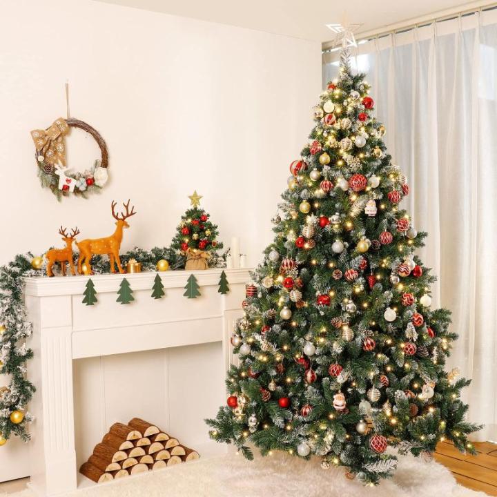 Kunstkerstboom met verlichting, witte sneeuw, led-dennenboom voor kerstdecoratie, 210 cm