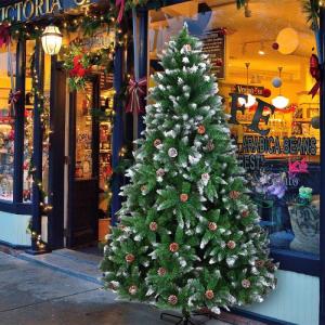 Kunstkerstboom, 120/150/180/210 cm, pvc-materiaal, verdikte takken, opvouwbaar, met robuuste sokkel, groen en wit met dennenappels, 180 cm