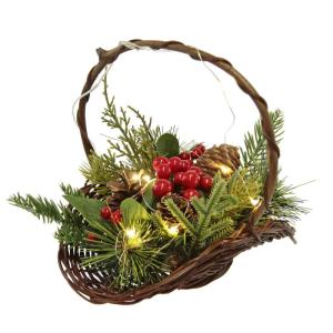 Bloemstuk met dennenbessen, dennenappels, ledlicht in de mand, kunstbloemen, arrangement, kerstdecoratie tafeldecoratie, dennenboeket, kerststuk, decoratieve plant, bloemendecorati