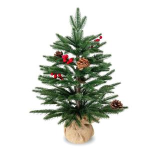 Kleine kerstboom, tafelkerstboom met 57 PE-punten, 8 dennenappels, 8 bessen, wollige, voorversierde kerstboom van 2 voet, geeft de kamer een feestelijke toon, groen