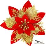20 Stück Weihnachten Glitzer Weihnachtsstern Blumen mit Clips, Poinsettia Weihnachtsblume Glitzernde für Weihnachtsbaum Dekorationen (Gold Rot)