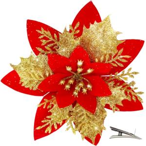 20 Stück Weihnachten Glitzer Weihnachtsstern Blumen mit Clips, Poinsettia Weihnachtsblume Glitzernde für Weihnachtsbaum Dekorationen (Gold Rot)