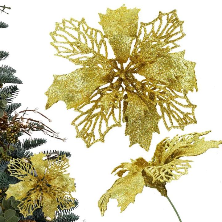 Weihnachtsblumen Künstlich, Weihnachtsbaum Blumen Mit 15 Clips, Glitzer Blumen Weihnachten, Künstliche Blumen für Weihnachten (Gold)
