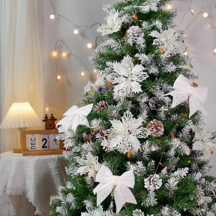 12 stuks glitter kerstster bloemen met 6 stuks glitter kerststrikken decoratie kerstboomversiering kerstdecoratie voor kerstboom Nieuwjaar decoraties