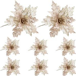 Poinsettia Blumen künstlich 8pcs 8x10in realistische Weihnachtsblumen mit Pailletten & Textur Stoff Poinettias Künstliche Weihnachtsblumen, Champagner, Poinsettias Künstliche We