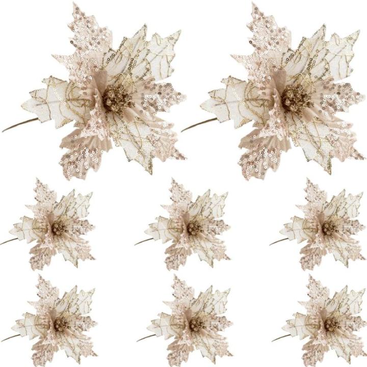 Poinsettia Blumen künstlich 8pcs 8x10in realistische Weihnachtsblumen mit Pailletten & Textur Stoff Poinettias Künstliche Weihnachtsblumen, Champagner, Poinsettias Künstliche We