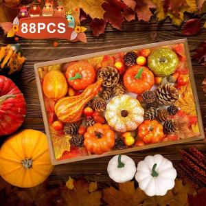 Herfstdecoratie, 88 stuks pompoen herfstdecoratieset, Thanksgiving decoratieset kunstmatige esdoornbladeren, kleine eikels, dennenappels en pompoen, mini-kunstpompoenen, herfstdeco