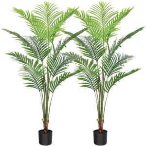 Kunstpflanze Palmen 150 cm Plastik Künstliche Pflanze Groß Areca Palme im Topf Wohnzimmer Balkon Schlafzimmer Grün Deko (2 Pack)