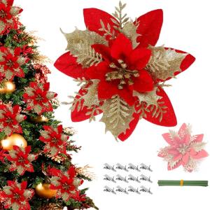 12 stuks kerstster glitter kerstster goud rood kunstbloemen decoratie, kerstster kunstbloemen met clips + voorbouwstukken, kerstbloemen voor Kerstmis, bruiloft, tuin, Nieuwjaar