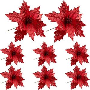 Poinsettia Blumen künstlich 8pcs 8x10in realistische Weihnachtsblumen mit Pailletten & Textur Stoff Poinsettias Künstliche Weihnachtsblumen, Rot, Poinsettias Künstliche Weihnach