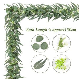 Kunstmatige eucalyptus met wilgenbladeren, slinger, 2 stuks, kunstgroene bladerenslinger, tafelslinger, namaak-klimop, hangplant, wijnstokken, kunstplant voor bruiloft, muur, tafel
