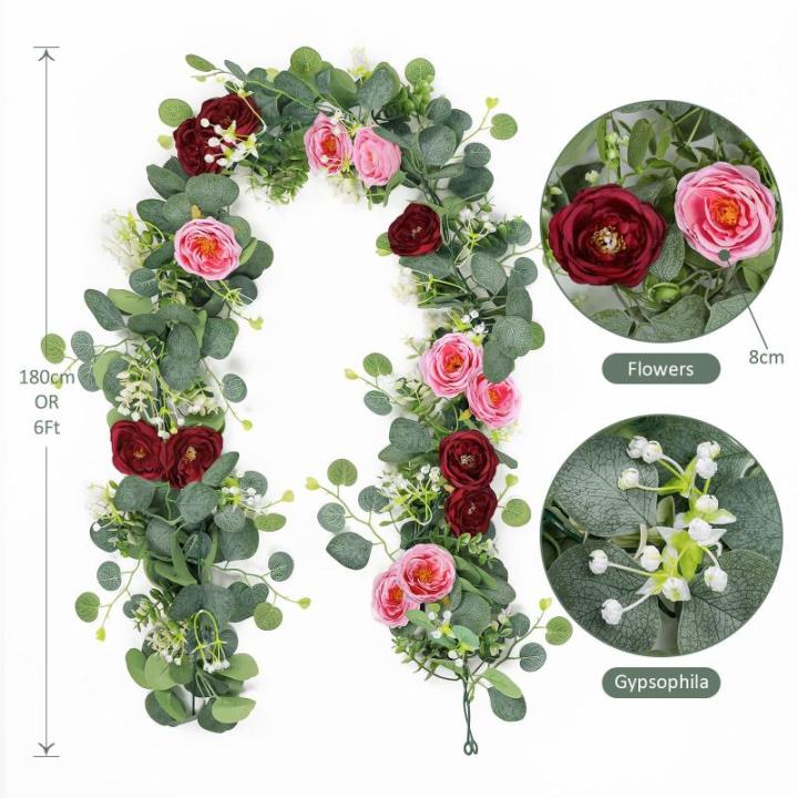 Künstliche Eukalyptus-Blumengirlande mit rot-rosa Rosen, Kunstpflanzen, Seide, Blumengirlande, Schleierkraut, Efeu-Ranken für Hochzeit, Zuhause, Weihnachten, Party, Tischläufer,