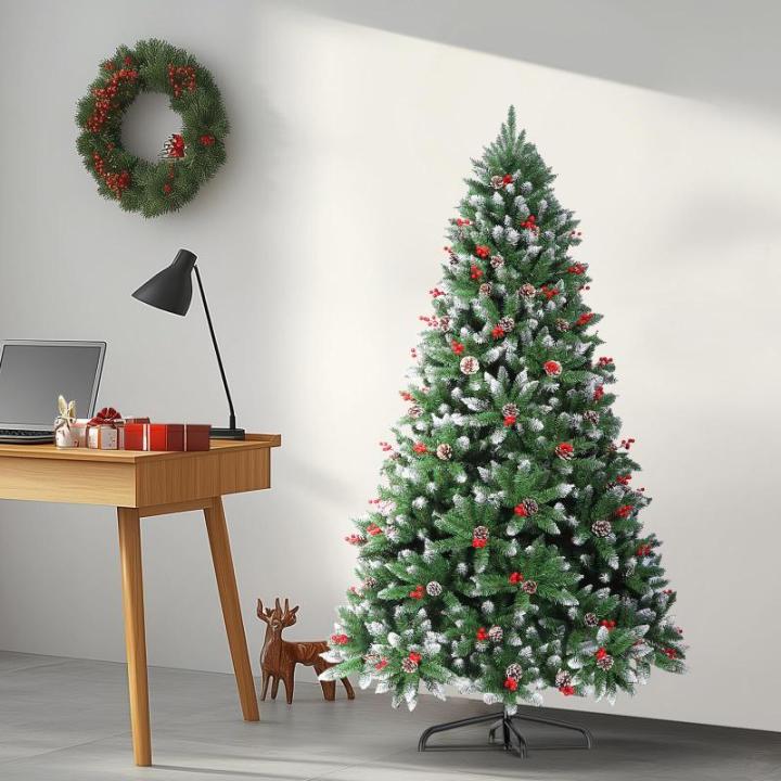 Nordmann-kerstboom met sneeuweffect, dennenappels en rode bessen, automatische dennenboom, kunstkerstboom met metalen standaard, Nordmann-spar, moeilijk ontvlambare kerstboom voor 