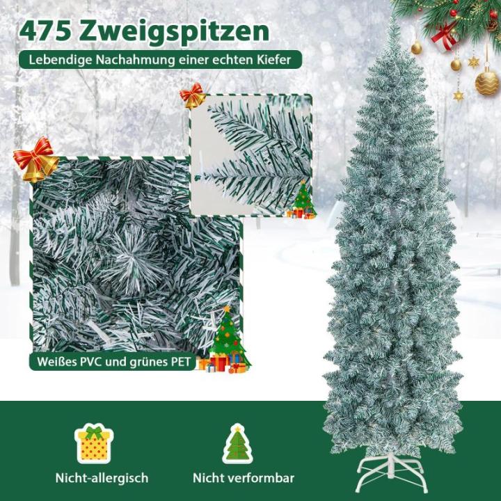 Kunstkerstboom, 180 cm, dennenboom met ledverlichting, slanke kerstboom met veelkleurige lichten, kunstboom met metalen standaard, voor Kerstmis, groen + wit