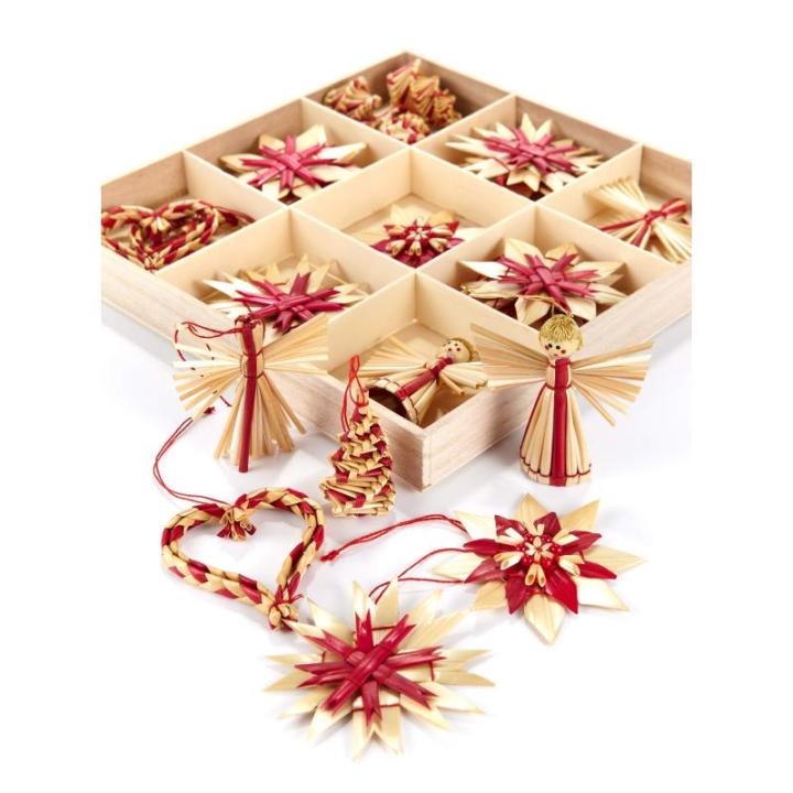 Kerstboomversiering van stro - stro boomdecoratie met rode accenten - 25-delige set - kerstboomhanger van natuurlijk materiaal, 6 cm