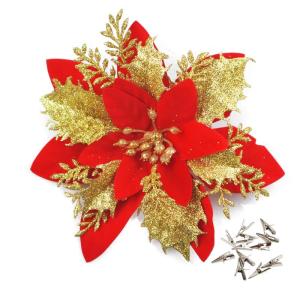 GL-Turelfies 12 STK. Glitzer Weihnachtsblumen (15cm/5,9'') mit 12 STK. Clips Künstliche Weihnachtsstern Blumen Weihnachtsbaum Blumenschmuck Weihnachtsbaum Ornamente (rot)