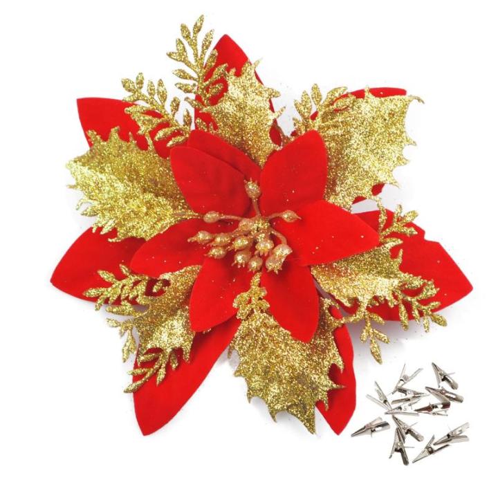 GL-Turelfies 12 STK. Glitzer Weihnachtsblumen (15cm/5,9'') mit 12 STK. Clips Künstliche Weihnachtsstern Blumen Weihnachtsbaum Blumenschmuck Weihnachtsbaum Ornamente (rot)