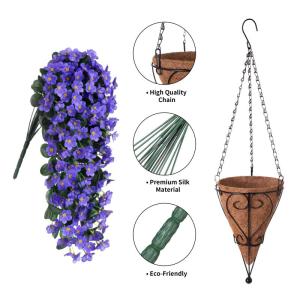 Hangende mand met , bloem hangende plantenbak, kunstzijde Morning Glory wijnstokken, kunstgroen plantenarrangement voor buiten tuin tuin zakje patio binnen woondecoratie (paars)