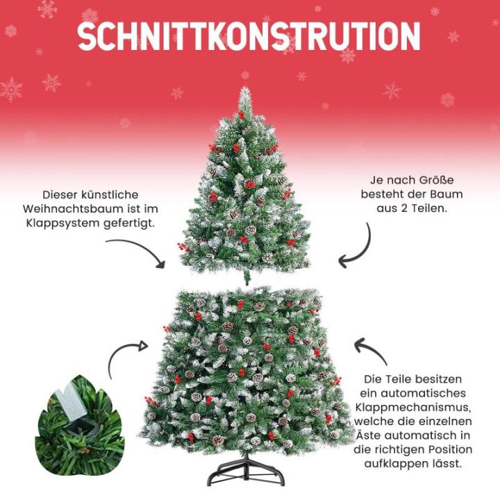 arivoo Binja Opvouwbare kerstboom, versierd met 500 takken, 24 dennenappels, 18 bessen en standaard, buigbare pvc-punten met sneeuwvlokken, moeilijk ontvlambaar (H150 cm)