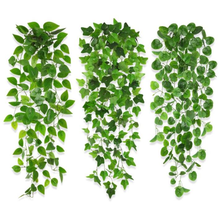 3 stuks kunstmatige hangplanten, 100 cm, , hangende klimop, zoals echte plastic planten, kunststof, groene plant, balkonplanten, nepwijnstok voor buiten, tuin, balkon