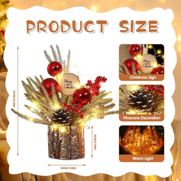 LED Weihnachtsbaum Deko,37CM Kleiner Weihnachtsbaum mit Beleuchtung Kleiner Tannenbaum Künstlich mit Tannenzapfen Beere Weihnachtsbaum Holz Weihnachtsgesteck für Tischdeko Weihna