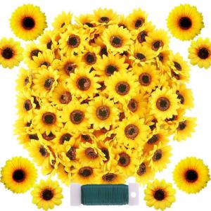 120 stuks kunstmatige zonnebloemhoofden faux zonnebloemhoofden in geel, 6,8 cm en 3,5 cm zonnebloemen zijde plastic planten voor huis tuin bruiloft feest decoratie krans DIY Craft